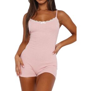 Lacozy Short Bodysuit Women Onesies Pajamas Ribbed Bodycon Rompers Spaghetti Strap One Piece Loungewear Sleepwear