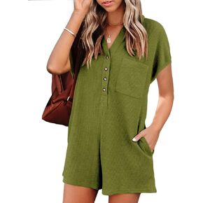 Saodimallsu Womens V Neck Button Romper Casual Waffle Knit Short Sleeve Playsuit Short One Piece Jumpsuit Outfit with Pocket