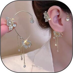 Sparkly Butterfly Rhinestone Tassel Ear Cuff Earrings for Women,Gold Flower Earrings,Fairy Climber Ear Warp Non-Piercing Earrings Jewelry Gift