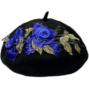 Women Flower Embroidery Wool Beret Winter Warm Hat French Style Artist Beret Cap