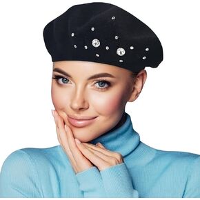 Beret Hats for Women, Rabbit Fur Beret Hat Flowers Rhinestone French Beret Cap Artist Painter Hat
