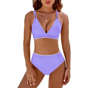 BMJL Women's Bikini Sets V Neck High Waisted Swimsuits Shell Stitched Cheeky Two Piece Bathing Suit