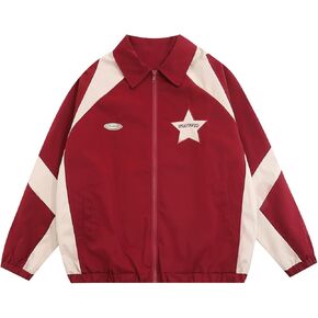Women's Color-Blocked Patchwork Star Embroidery Jacket Stand Collar Waterproof Oversized Unisex Vintage Jackets