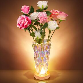 Crystal Colorful Flower Vase for Flowers 9 Inches vase Bohemian Style with LED Lamp Wood Base Unbreakable Thickened Modern Vase for Home Decor Wedding Table Centerpieces