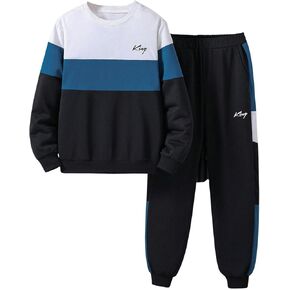 Boy's 2 Piece Outfits Color Block Letter Graphic Crewneck Sweatshirts and Jogger Pants Set Sweatsuit
