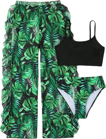 SHENHE Girl's 3 Piece Tropical Print High Waist Bikini Swimsuit with Cover Up Pants in Saudi Arabia
