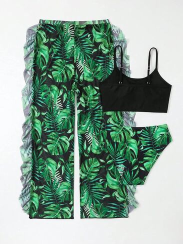 SHENHE Girl's 3 Piece Tropical Print High Waist Bikini Swimsuit with Cover Up Pants in Saudi Arabia