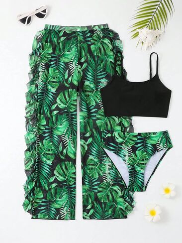 SHENHE Girl's 3 Piece Tropical Print High Waist Bikini Swimsuit with Cover Up Pants in Saudi Arabia