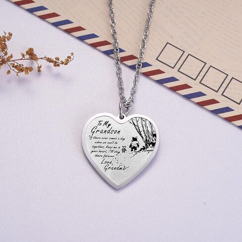 Ralukiia To My Grandson Necklace Keychain from Grandma Grandpa, Pooh Bear Piglet Jewelry Gifts for Grandson, Inspirational Heart Pendant Gift for Boys from Grandparents in Saudi Arabia