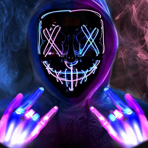 BOMLY Halloween Purge Mask Light Up Scary Masks with Glowing Gloves LED Mask for Adults Cosplay Costume Festival Party Gift in Kuwait