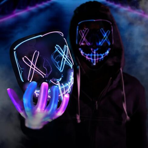 BOMLY Halloween Purge Mask Light Up Scary Masks with Glowing Gloves LED Mask for Adults Cosplay Costume Festival Party Gift in Kuwait
