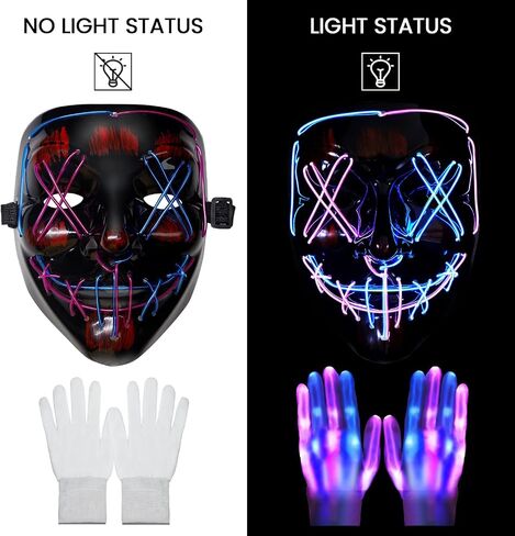 BOMLY Halloween Purge Mask Light Up Scary Masks with Glowing Gloves LED Mask for Adults Cosplay Costume Festival Party Gift in Kuwait