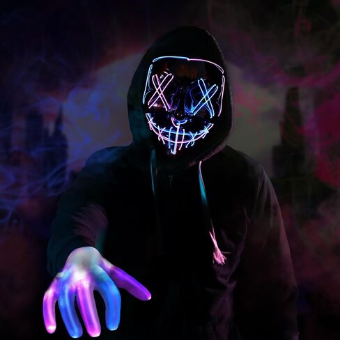 BOMLY Halloween Purge Mask Light Up Scary Masks with Glowing Gloves LED Mask for Adults Cosplay Costume Festival Party Gift in Kuwait