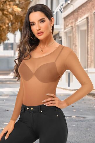 Womens Mesh Bodysuit Long Sleeve Top Crew Neck Sheer T Shirt Body Suit Leotard Blouse in Kuwait