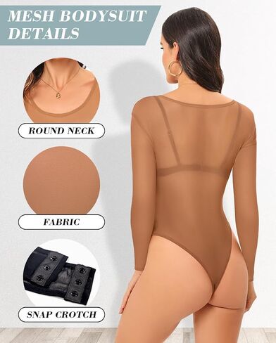Womens Mesh Bodysuit Long Sleeve Top Crew Neck Sheer T Shirt Body Suit Leotard Blouse in Kuwait