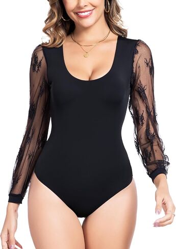 Long Sleeve Body Suits Womens Thong Double Lined Round Neck Lace Bodysuit For Women in Kuwait