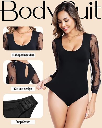 Long Sleeve Body Suits Womens Thong Double Lined Round Neck Lace Bodysuit For Women in Kuwait