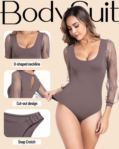 Long Sleeve Body Suits Womens Thong Double Lined Round Neck Lace Bodysuit For Women in Kuwait