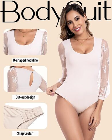 Long Sleeve Body Suits Womens Thong Double Lined Round Neck Lace Bodysuit For Women in Kuwait