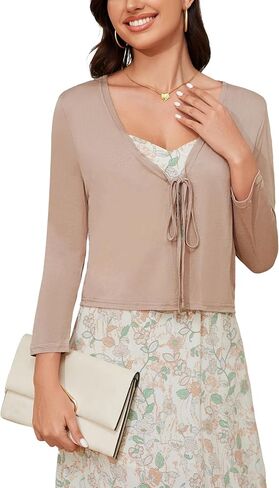 Tie Front Cropped Cardigan Sweaters for Women 3/4 Sleeve Lightweight Open Front Knit Shrug Top for Dress in Saudi Arabia