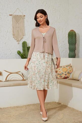 Tie Front Cropped Cardigan Sweaters for Women 3/4 Sleeve Lightweight Open Front Knit Shrug Top for Dress in Saudi Arabia