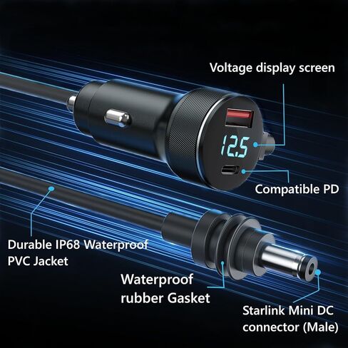 for Starlink Mini Power Cable, 12V-48V Cigarrete Lighter Adapter with Digital Display DC Car Charger Power Cable Waterproof for Starlink Mini 3M/10Ft, Gray in Saudi Arabia