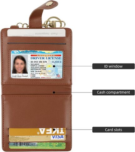 Didida Small Wallets Woman Leather Credit Card Holder with ID Window Keychain Wallet Card Wallets for Women with Zipper, Brown in Saudi Arabia