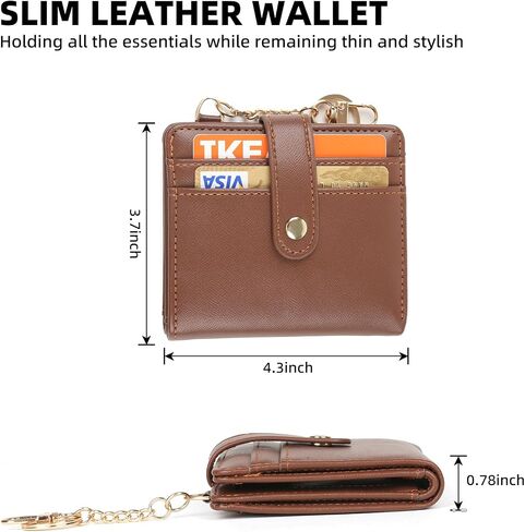 Didida Small Wallets Woman Leather Credit Card Holder with ID Window Keychain Wallet Card Wallets for Women with Zipper, Brown in Saudi Arabia