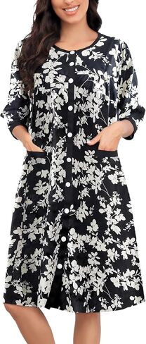 Bloggerlove House Dress Women Cotton Snap Front Nightgown 3/4 Sleeve Housecoat Duster Robe with Pockets Moomoo Patio Dress in Saudi Arabia