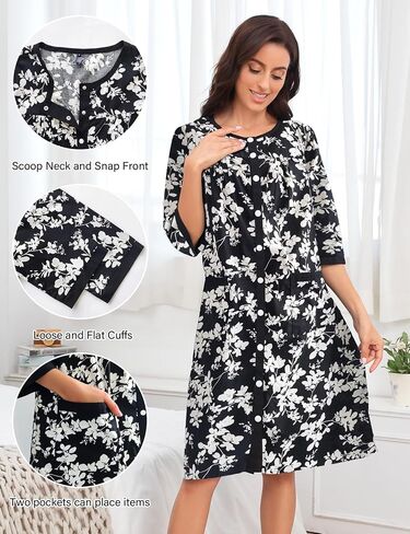 Bloggerlove House Dress Women Cotton Snap Front Nightgown 3/4 Sleeve Housecoat Duster Robe with Pockets Moomoo Patio Dress in Saudi Arabia