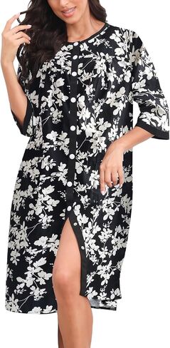 Bloggerlove House Dress Women Cotton Snap Front Nightgown 3/4 Sleeve Housecoat Duster Robe with Pockets Moomoo Patio Dress in Saudi Arabia