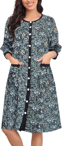 Bloggerlove House Dress Women Cotton Snap Front Nightgown 3/4 Sleeve Housecoat Duster Robe with Pockets Moomoo Patio Dress in Saudi Arabia