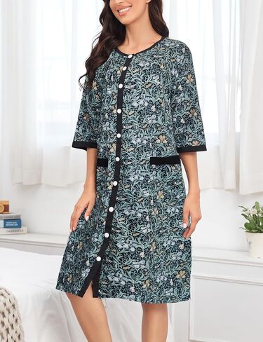 Bloggerlove House Dress Women Cotton Snap Front Nightgown 3/4 Sleeve Housecoat Duster Robe with Pockets Moomoo Patio Dress in Saudi Arabia