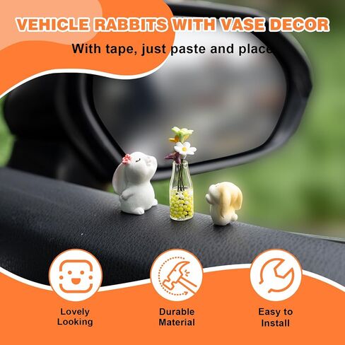 Bunny Car Decoration with Daisy Car Flower Vase Rear View Mirror Ornament, 3PCS Funny Dashboard Decoration Cute Car Accessories in Kuwait