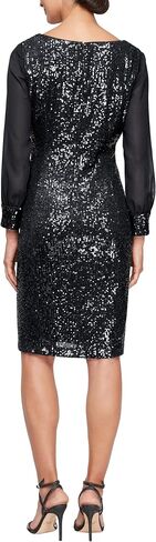 Alex Evenings Women's Short Sequin Sheath Cocktail Dress with Square Neck and Illusion Sleeves (Petite and Regular Sizes) in Kuwait