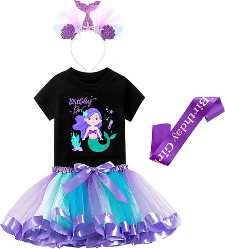Tutu and Sian Mermaid Outfit Set – Shirt, Rainbow Tutu Dress, Satin Sash, Headband – Birthday Gifts for Girls Costume in Saudi Arabia