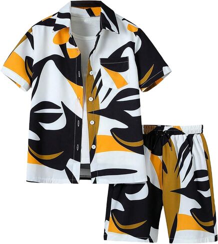 Boy's 2 Piece Outfits Paisley Geo Graphic Print Short Sleeve Button Down Shirt and Shorts Set in Saudi Arabia