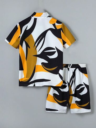 Boy's 2 Piece Outfits Paisley Geo Graphic Print Short Sleeve Button Down Shirt and Shorts Set in Saudi Arabia