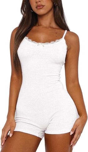 Lacozy Sexy One Piece Pajamas for Women Lightweight Lace Trim Cute Pjs U Neck Sleeveless Short Romper Onesie Sleepwear in Kuwait