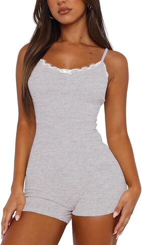 Lacozy Sexy One Piece Pajamas for Women Lightweight Lace Trim Cute Pjs U Neck Sleeveless Short Romper Onesie Sleepwear in Kuwait