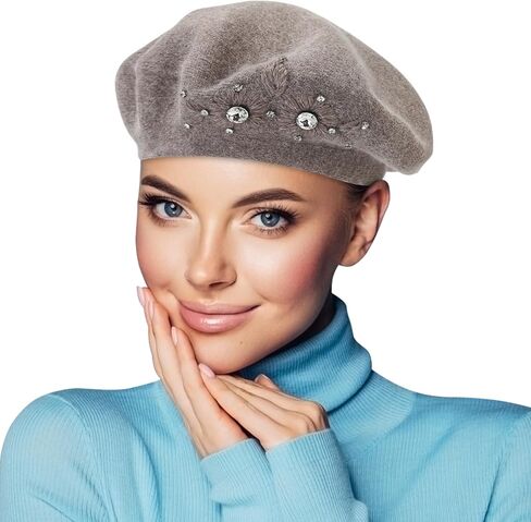 Beret Hats for Women, Rabbit Fur Beret Hat Flowers Rhinestone French Beret Cap Artist Painter Hat in Saudi Arabia