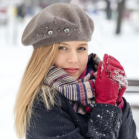 Beret Hats for Women, Rabbit Fur Beret Hat Flowers Rhinestone French Beret Cap Artist Painter Hat in Saudi Arabia