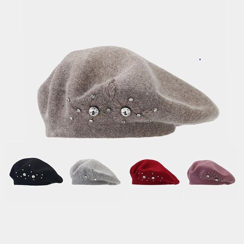 Beret Hats for Women, Rabbit Fur Beret Hat Flowers Rhinestone French Beret Cap Artist Painter Hat in Saudi Arabia