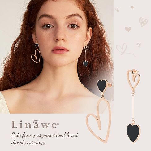 أقراط متدلية على شكل قلب من الفولاذ المقاوم للصدأ من التيتانيوم من Linawe للنساء عصرية، أقراط كبيرة من الذهب/الفضة/الذهب الوردي، أقراط طويلة غير متماثلة لا تسبب الحساسية، أقراط حب غير متطابقة in Kuwait