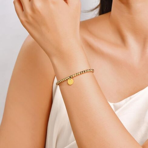 Valentines Day gift Initial Letter Gold Bracelet for women Dainty 18K Gold- Plated Initial Letter A-Z Charm Disc Bracelet for Women Gold Beaded Bracelet for women Gifts trendy Jewelry in Saudi Arabia