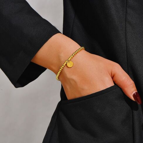 Valentines Day gift Initial Letter Gold Bracelet for women Dainty 18K Gold- Plated Initial Letter A-Z Charm Disc Bracelet for Women Gold Beaded Bracelet for women Gifts trendy Jewelry in Saudi Arabia