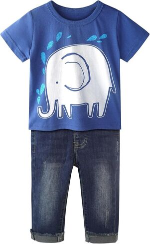 Baby Little Big Boys 2 Piece Outfits Elephant Lion Shark Printed Cotton Short Sleeved T-shirt Ripped Denim Jeans in Kuwait
