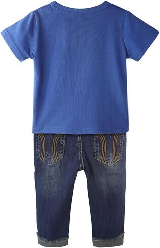 Baby Little Big Boys 2 Piece Outfits Elephant Lion Shark Printed Cotton Short Sleeved T-shirt Ripped Denim Jeans in Kuwait