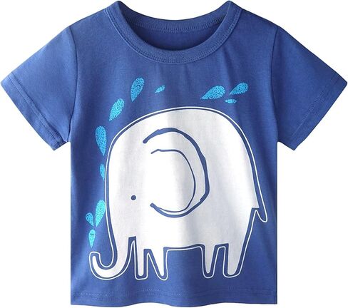 Baby Little Big Boys 2 Piece Outfits Elephant Lion Shark Printed Cotton Short Sleeved T-shirt Ripped Denim Jeans in Kuwait