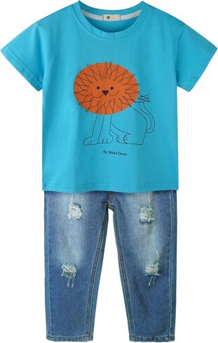 Baby Little Big Boys 2 Piece Outfits Elephant Lion Shark Printed Cotton Short Sleeved T-shirt Ripped Denim Jeans in Kuwait